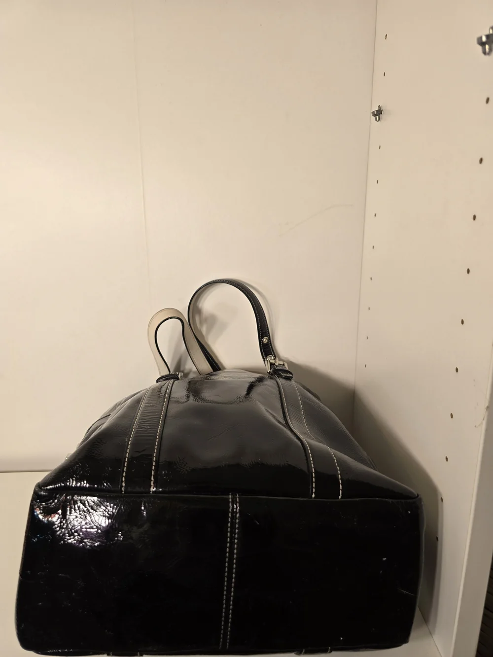 Coach Black Patent Leather Tote Bag with White Trim and Signature Lining
